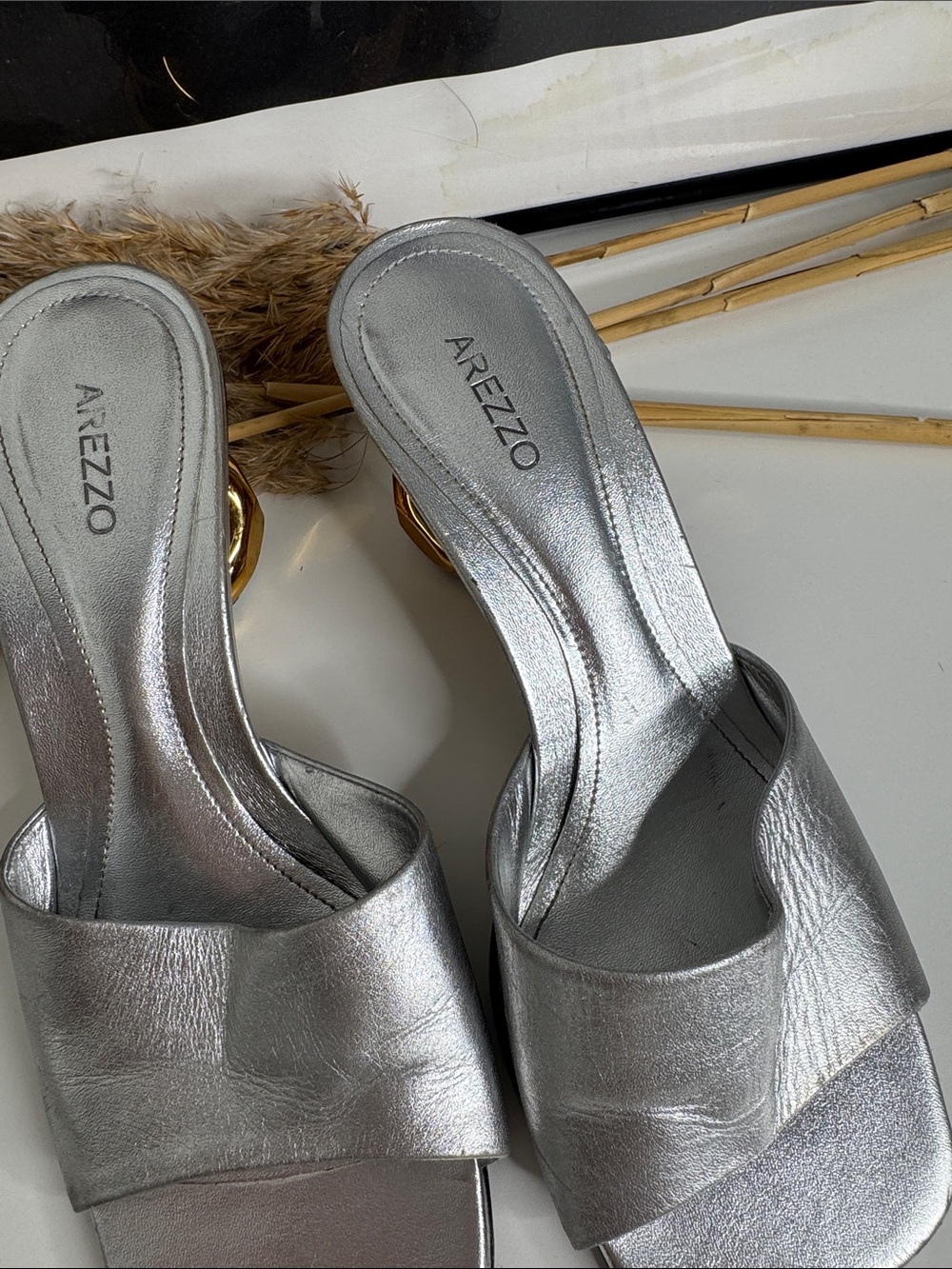 Arezzo Silver Metallic Slide Mules for Women